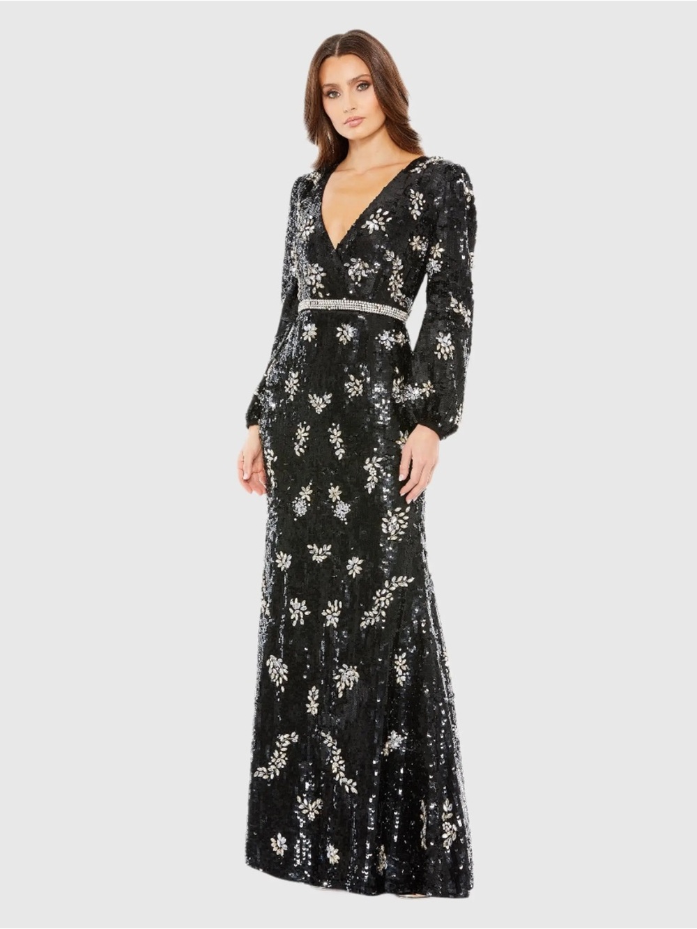 MAC DUGGAL Embellished Wrap Over Bishop Sleeve Gown